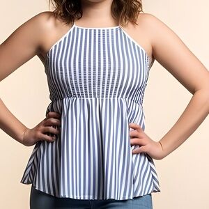 Blue and White Striped High Neck Smocked Top - 00‎